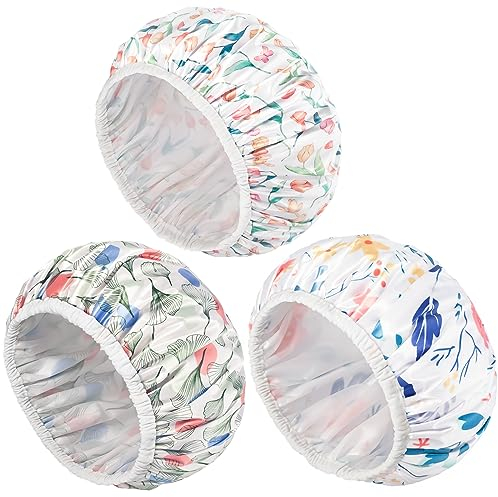 Aquior Shower Cap, 3 Pcs Large Reusable Shower Cap, Waterproof Shower Cap for Women Elastic Band Hair Cap Double Layers Bath Cap Flower Hair Hat for Shower