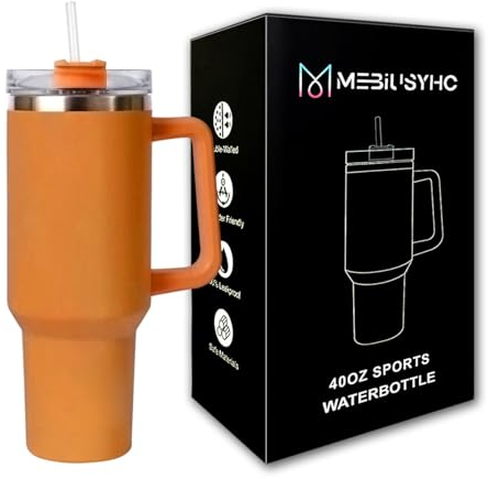 mebiusyhc 40oz Stainless Steel Vacuum Insulated Cup Double Wall Travel Flask Car Coffee Mug Tumbler with Straw with Handle for Hot Iced Coffee (GMKBG98)