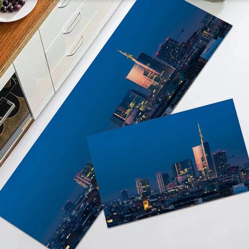 EKSED Küchenteppiche 2 Stück, Rutschfestes Küchenmatten,Mailänder Stadtbild bei Sonnenuntergang Porta Nuova Finanz,Wasser aufnehmen KüchenMatt Fußmatte Teppich Set, Fußmatte für Drinnen,40x60+40x120cm