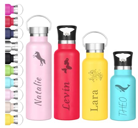 Trinkflasche Kinder Edelstahl, Personalisiert Thermoskanne mit Namen&Muster 4 Kapazität 350ml Auslaufsicher Thermosflasche BPA-Frei Isolierte Wasserflasche Spülmaschinenfest Schule (350ml)