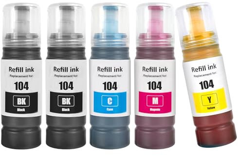 TOPRINT E104 Bouteilles d'encre 5 Color Multipack Compatible pour ET-2710 ET-2711 ET-2712 ET-2714 ET-2715 ET-2720 ET-2721 ET-2726 ET-2810 ET-2811 ET-2812 ET-2814 ET-2815 ET-2820 ET-2821 Imprimantes