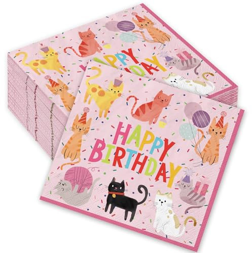 JarThenaAMCS 100 Blatt Party-Servietten mit Katzenmotiv, Rosa, Cocktail-Papierservietten, Happy Birthday, Kätzchen, Einweg-Servietten für Kätzchen, Haustier, Tier, Party, Getränke, Tischdekoration,