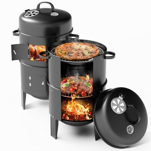 DKIEI Charcoal Smoker BBQ Grill, Portable Outdoor Barbeque Grill with Lid Cover, Adjustable Air Vents & Built-in Thermometer, 4-in-1 Barbecue Grill Smoker for Backyard Camping Party Outdoor Cooking