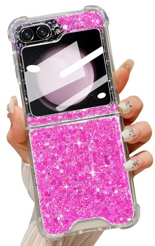 LCHULLE Designed for Samsung Galaxy Z Flip 5 Case,Girly Women Glitter Bling Bumper Shockproof Phone Case,Ultra-Thin Hard PC Back Soft TPU Frame Cover for Samsung Z Flip 5 5G(2023)-Hot Pink