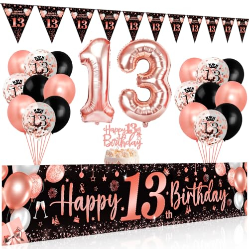 Bluelves Deko 13. Geburtstag Mädchen, Luftballon 13 Geburtstag Mädchen, Schwarz Roségold Extra Lange Happy Birthday Banner (210 x 40cm) + Girlande Wimpel + Schwarz Rosegold Konfetti Luftballons