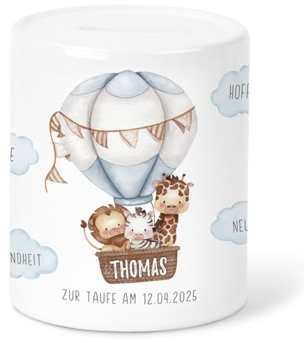 Spardose Taufe Geldgeschenk Verpackung personalisiert Taufgeschenk für Jungen & Mädchen Sparkasse Sparbüchse Sparbox Sparschwein aus Keramik (Blau)