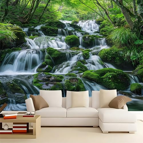 Fototapete 3D Vliestapete mit Dschungel Wasserfall Pflanze BläTter GrüN 350x256cm XXL Panorama Wandbild für Mädchen & Jungs Schlafzimmer | Wanddekoration mit 3D Effekt