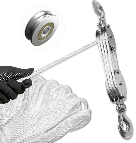 SALIFTFE Block and Tackle Pulley System, Upgraded 4-Wheel Rope Pulley Hoist, 8:1 Lifting Power, 2200LB Work Load with 65Ft of 1/4 Rope, Ultra-Compact Rope Hoist for Garage, Hunting, and Heavy Lifting