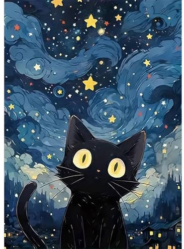 HEIBAGO 5D Bricolage Chat Diamond Painting, DIY Animaux Broderie Peinture Diamant pour Adultes, Diamond Painting Complet Diamant Kit Ciel Étoilé Cristal Artisanat pour Murale Décoration 30x40cm
