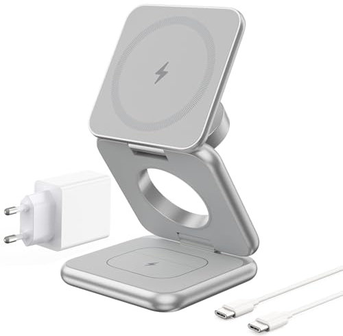 KU XIU X40 3-in-1 Foldable Wireless Charging Station for iPhone 16/15/14/13/12, 5W Fast Charging for Apple Watch S10/Ultra/9/8/7, AirPods 4/3/2/Pro - Wireless Charger Stand with 20W Adapter, Silver