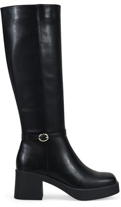 BOSANOVA Stivali alti con tacco con striscia decorativa con fibbia, finitura quadrata e suola piattaforma da 2 cm con tacco quadrato da 6,5 cm. Chiusura interna con zip. Scarpe da donna