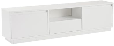 Soporte de TV Elegante y Resistente, Color Blanco Natural, 160 x 42 x 18 cm, Tablero de partículas Recubierto de melamina 100%, Grosor: 18 mm, Espacios Modernos en casa y oficinas de
