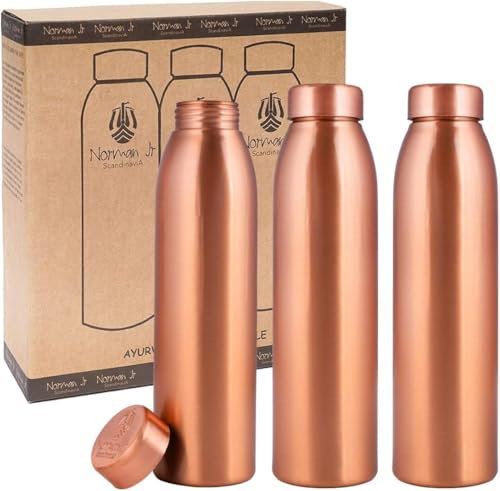 NORMAN JR, Copper Water Bottle 1L - Gift Box of 3, Plain, an Ayurvedic vessel made from pure copper - helps you drink more water, with many health benefits