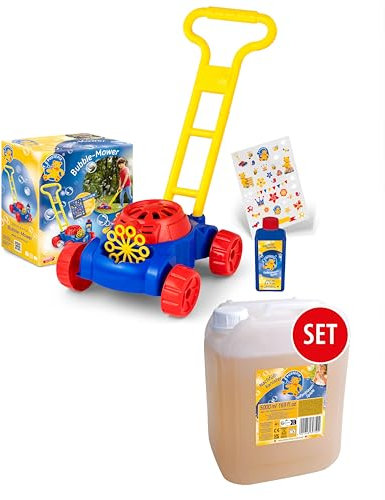 PUSTEFIX Bubble-Mower Rasenmäher & 5L Nachfüllkanister I Lustiges Seifenblasen Kinder Set mit Seifenblasen Flüssigkeit I Besonders viele Bunte Bubbles