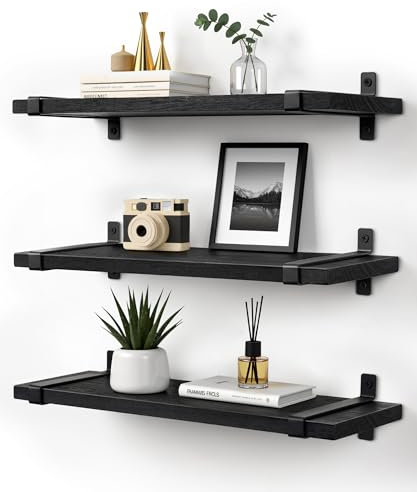 Gronda Wandregal Schwarz, 3 Stück, Schweberegal klein und schmal, Wand Regal schwarzes Metall, Abnehmbares Regalbrett, Brett ohne Bohren, Industrial, modern, Küche, Wohnzimmer, Bad, 40 * 12 * 1,5cm