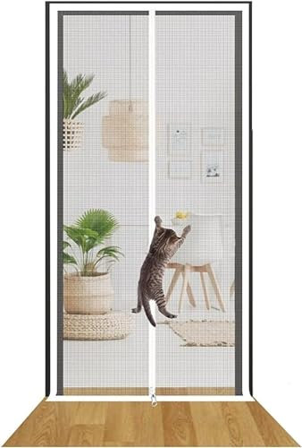 Cat Screen Door Prevent Pet Escape Door Curtains,Cat Resistant Scratch Proof Mesh Screen Door With Zipper For Living Room Bedroom Kitchen Patio Corridor Dogs Cats Running Out Mosquitos(100x210cm)