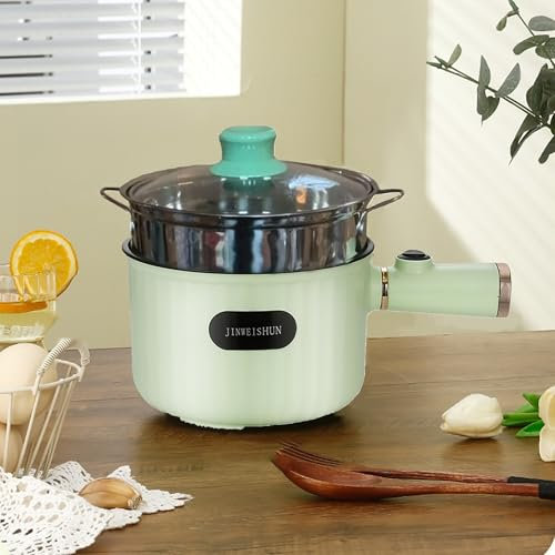 Elektrischer Hot Pot 1,8L, 300/600W Multikocher mit Edelstahl Dampfgarer & Keramik-Antihaft, für Ramen/Suppe/Eier, Camping/Wohnheim/Büro, inkl. Glasdeckel & Überhitzungsschutz
