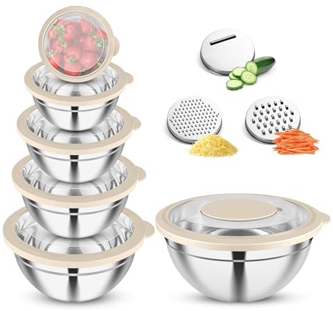 Joyfair Lot de 6 bols mélangeurs en acier inoxydable avec couvercle transparent et 3 râpes - 4,5 l/2,7 l/2 l/1,5 L/1,2 L/0,7 l - Saladier pour cuisiner, cuire au four, empilables et passent au