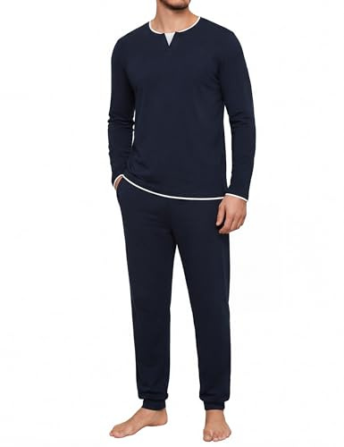 Jahetuul Mens Pyjamas Set Long Sleeve Crew Neck Top & Cuffed Pants With Pockets Soft Cotton Loungewear Sets for Home Casual
