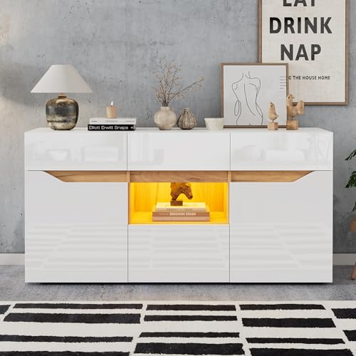 LANTRO JS Sideboard, Hochglanz Sideboard mit 4 Schubladen und Zwei Fächern, Highboard Weiß mit LED Beleuchtung, Hochglanztextur, 140x40x70cm, Weiß + Holzfarbe
