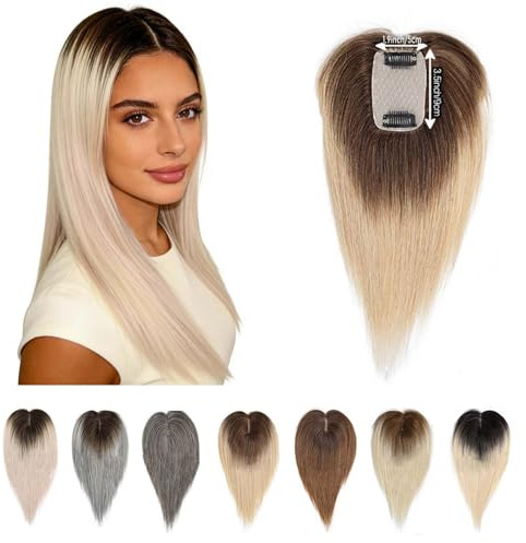 EREE HAIR Echthaar-Topper mit Seidenbasis für Frauen mit dünner werdendem Haar, realistische Kopfhaut, 30,5 cm, zum Anklipsen, glatte Topper-Haarverlängerung, 5 x 9 cm, Damen-Toupet, T4/1001#