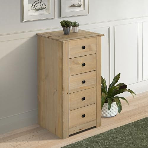 Mews Panama 5 Drawer Tall Chest of Drawers Solid Pine Wood Waxed Oak Finish