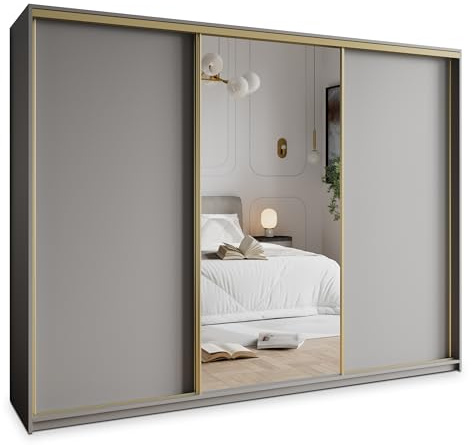 Masseno Schwebetürenschrank TAVI 270/205/60 cm Kleiderschrank mit Schubladen Schlafzimmer Schiebetürenschrank 3-türig mit Spiegel Graphitfarben + Gold