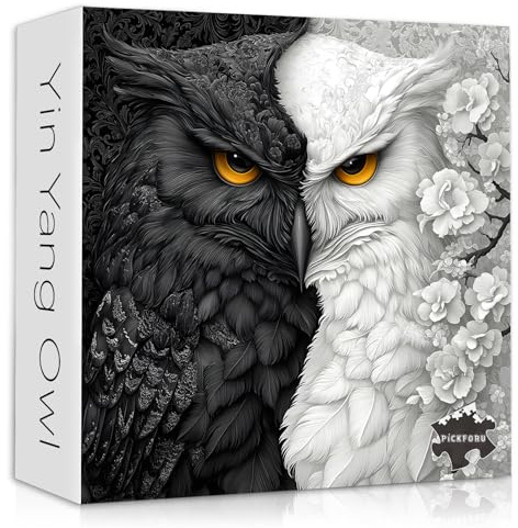 Yin Yang Owl Puzzle for Adults 1000 Pieces，Black and White Puzzles Owl Flowers, Impossible Difficult Hard Bird Jigsaw Puzzle, Animal Floral Art Challenge Puzzle Aesthetic