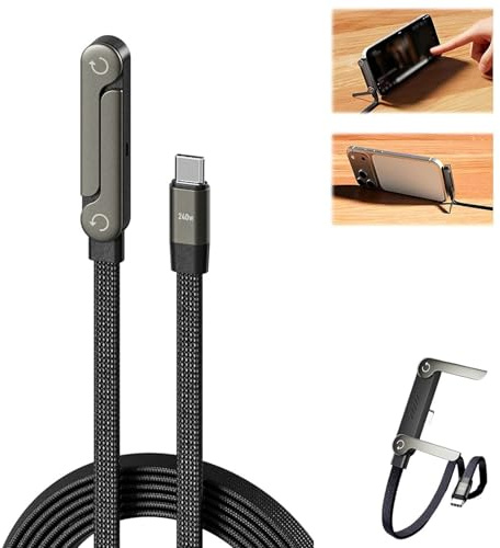 2-in-1 Invisible Stand Charging Cable,240w Super Fast Charging,Folding Phone Stand with Type C Multi-Angle Adjustable,5ft Type-C Cable for Smartphones,Tablets,Laptops,Enjoy Hands-free Video Brow