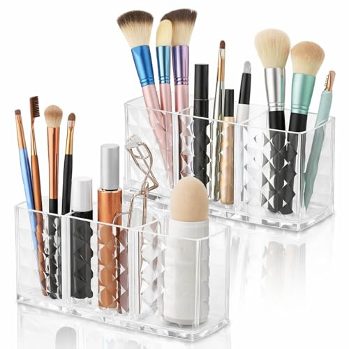 Sythrix 2-Pack Makeup Brush Holder Acrylic Organiser, 3-Slot Cosmetic Brush Pot with Lid, Transparent Vanity Storage for Brushes, Eyeliners, Lipsticks, Makeup Counter Organiser