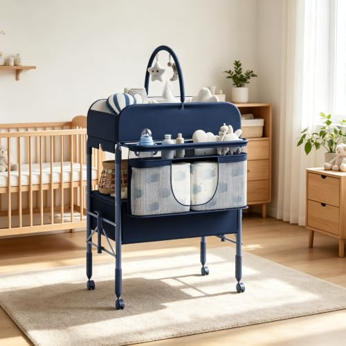 Wickeltisch Klappbar Mit 2 Schubladen, Höhenverstellbar, Wasserdichte Matte, Platzsparende Wickelkommode, Kleiderstange, 2 Schubladen & 4 Verriegelbare Räder, Blau
