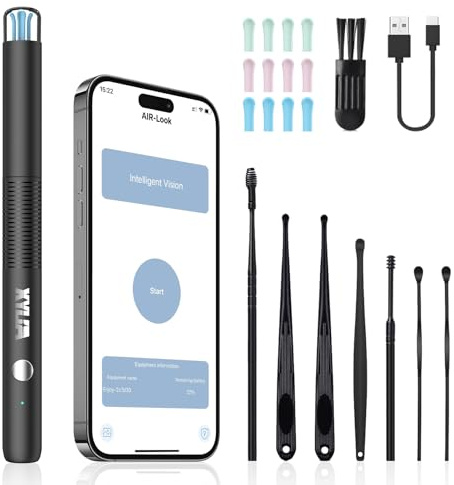 Xylla Ear Wax Removal with 1920P HD Ear Camera, Ear Cleaner with 12 Ear Spoons & 6 LED Lights, Wireless Ear Wax Remover Kit USB-C Rechargeable for iPhone iPad Android, Black
