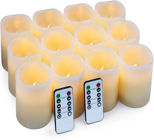Hausware LED Candles Battery Candles Flameless Candles Electric Battery Operated Candles Set of 12 (D: 3 X H: 4) Ivory Real Wax Pillar Candles Lights with Remote and Timer