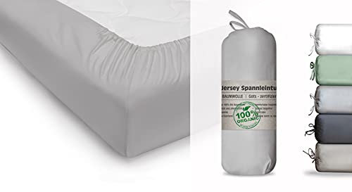 BLUE MOON Lenzuolo con angoli elasticizzati in jersey di cotone biologico certificato GOTS - Ökotex Made in Green (pietra, 180-200 x 200 cm)