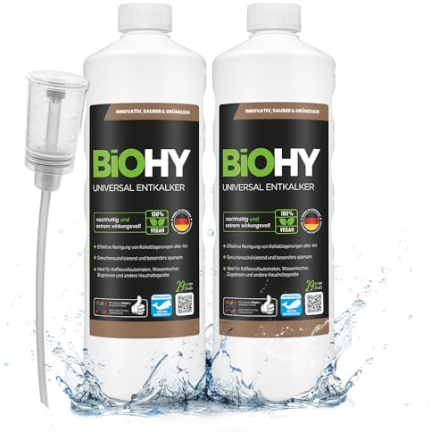 BiOHY Entkalker Wasserkocher Kaffeemaschine Kalklöser (2 x 1 Liter) | Gegen Kalk in Glaskannen, Duschkopf, Armaturen und Waschmaschine, lebensmittelecht und ergiebig in der Dosierung