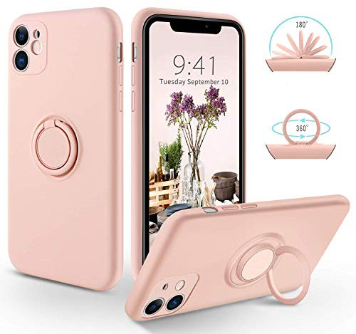 SouliGo for iPhone 11 Case Silicone Gel 360° Ring Holder Kickstand Magnetic Car Mount Slim Fit Soft Rubber Anti-Scratch Protective Shockproof Phone Cover Cases for iPhone 11 6.1 - Pink