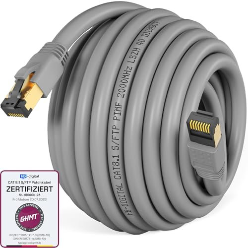 HB-DIGITAL 15m CAT 8 LAN Kabel Netzwerkkabel Patchkabel AWG 24 S/FTP LSZH 40Gbps 2000MHz - GHMT Zertifiziert - reines Kupfer mit vergoldete RJ45 Stecker für Switch, Router, Modem, PC - Grau