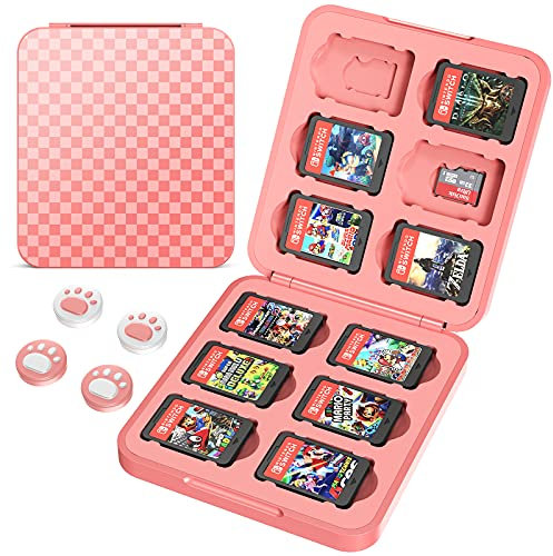 HEYSTOP Porta Schede per Nintendo Switch/Switch OLED,Custodia Porta Cartucce di Gioco per Nintendo Switch,Custodia per Carte da Gioco per Switch Scatola Portaoggetti Portatile con Thumb Grips,Rosa