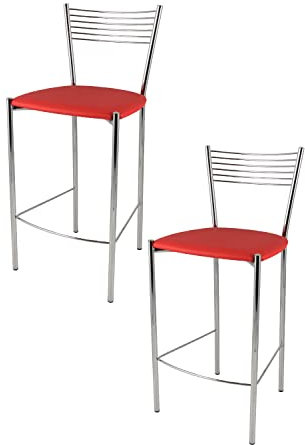 t m c s Tommychairs - 2er Set Moderne Barhocker Elegance für Küche und Esszimmer, Robustes Gestell aus verchromtem Stahl, gepolsterte Sitzfläche mit rotem Kunstleder bezogen