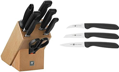 ZWILLING Messerblock, 8-tlg, Holzblock, Messer und Schere aus rostfreiem Spezialstahl/Kunststoff-Griff, Vier Sterne & 38115001 Gemüsemesser-Set, 3 tlg, Kunststoff, schwarz
