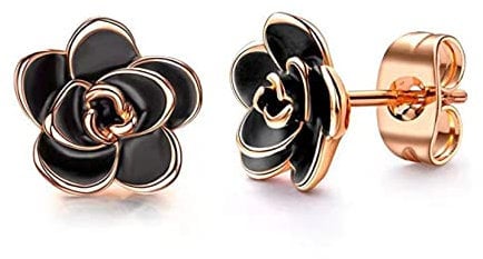 Gilieyer Rose Flower Stud Earrings for Women, 18K Gold Plated Enamel Craft Black Flower Earrings Cute Jewelry Gifts for Mother's Day (Rose Gold Black)