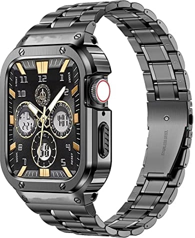 MioHHR Stainless Steel Watch Band with Case Compatible for Apple Watch Bands 42/44 mm,Rugged Strap with Metal Protective Bumper Cover for iWatch Series 6/5/4/SE/3/2/1 for Men(Space Grey)