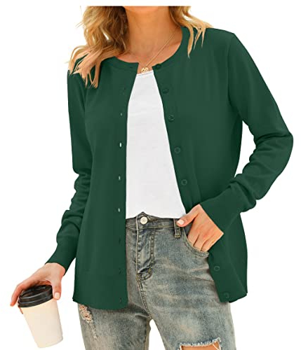DEARCASE Cardigan Donna Lungo Cardigan a Maniche Lunghe Elegante Casual Donna Aperta Davanti A Maglia Cardigan Button Round Neck Maglione Leggero, Verde Scuro M