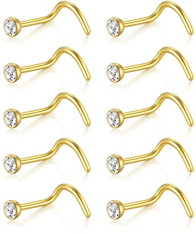 Briana Williams 10stk Nasenstecker Gold 1mm Spirale Nasenpiercing Stecker Diamant Chirurgenstahl 18G Piercing Nase