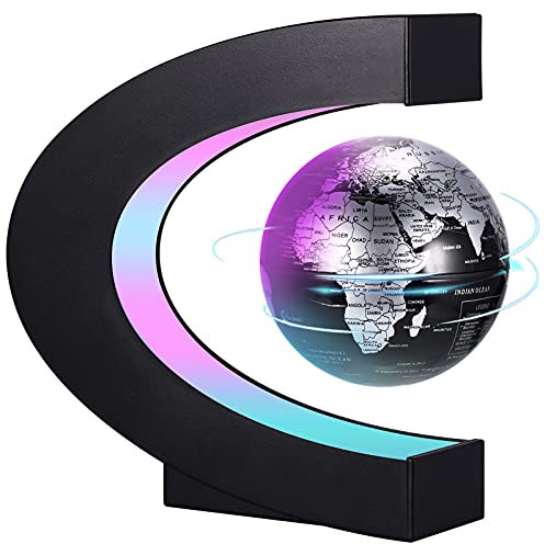 Floating Globe with LED Lights, C Shape Magnetic Levitating Globe, Anti Gravity Rotating World Map for Home Office Study Desk Decoration, Cool Gadget Gifts for Kids Teens Men Women (Silver)