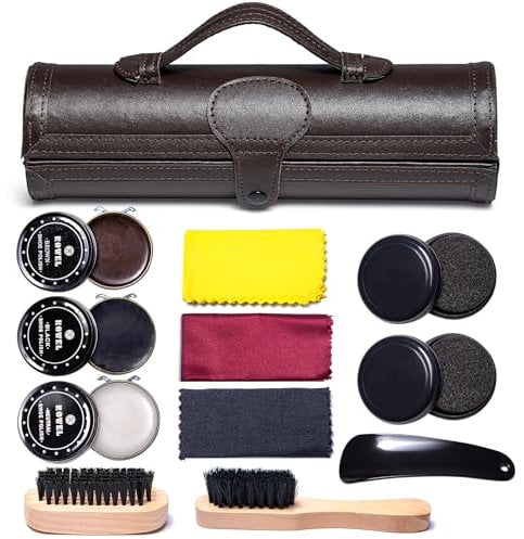 YUET Shoe Polish Kit Cleaning Shine Care Barrel Set For Brown Black Leather With Brush Travel Case Luxury Premium Soft Horsehair Bristle Dauber, Wooden Applicator, Shoehorn, Cloth 12 Piece Brown Pouch