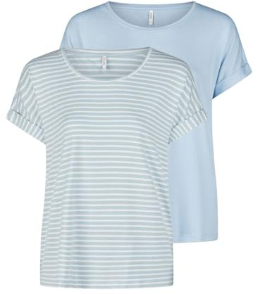ONLY Tshirt Damen Bluse Top ONLMOSTER 2er Pack Regular Fit Rundhals Basic Kurzarm Shirt Streifen, Größe:XL, Farbe:Cashmere Blue w/cd Stripes