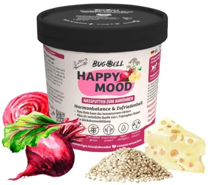 BugBell 8x100g Terrine HappyMood – Nassfutter zum Anrühren | Hypoallergenes Nassfutter mit Insekten – mit L-Tryptophan für Hormonbalance - Hundefutter nass mit Käse & Rote Bete