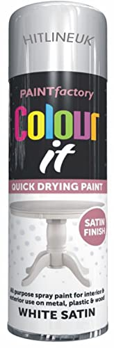 HitlineUK WHITE SPRAY PAINT - WHITE PAINT SATIN PAINT AEROSOL SPRAY CAN DIY PLASTIC METAL WOOD PAINT 250ML