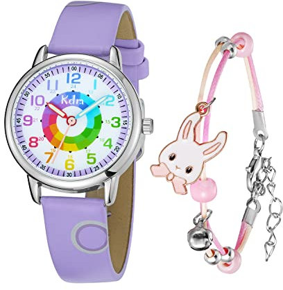 KDM Montre Enfant Set- Montre Pédagogique Garçon - Montre pour Apprendre Montre Bracelet éducative pour garçon et Fille Analogique Violet- 12/24h Elégantes pour Les Enfants Garçons Filles